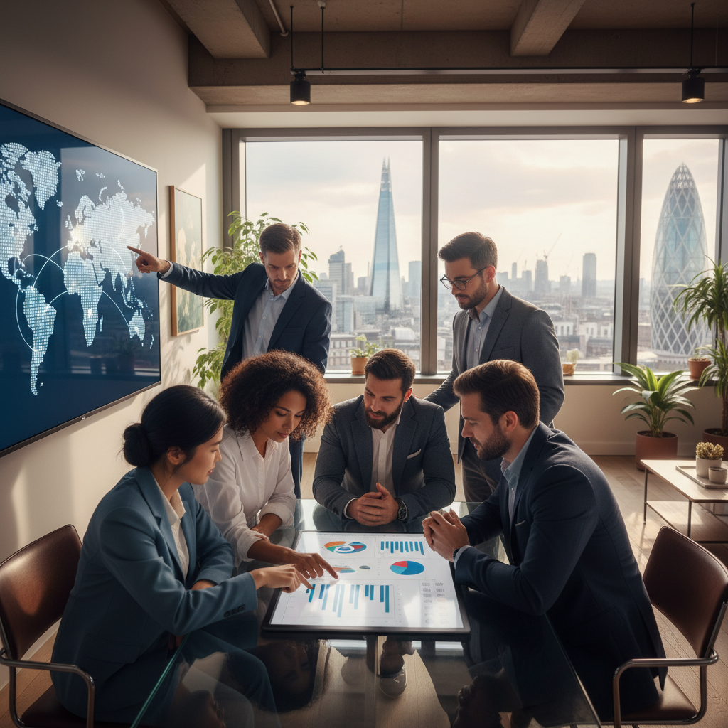 A diverse group of business professionals from different ethnic backgrounds in a modern, light-filled office space in London, looking at a digital tablet with charts, discussing business strategy. One person is pointing at a world map on a screen in the background.