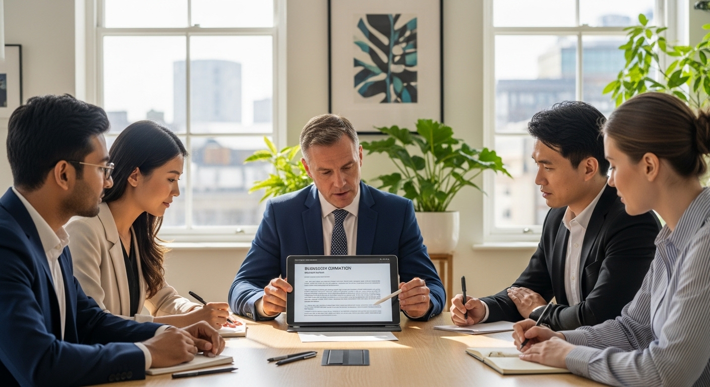 A diverse group of expat entrepreneurs in a modern, well-lit office collaborating with a professional UK lawyer, reviewing business formation documents on a tablet. The lawyer is pointing to a specific clause, explaining it clearly to the attentive expat business owners. The setting is professional and reassuring.