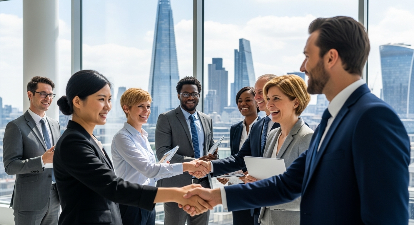 A diverse group of business professionals from various backgrounds, including Asian, European, and African, shaking hands in a modern, sunlit office overlooking the London skyline with iconic landmarks like the Shard and the Gherkin visible. The atmosphere is collaborative and professional, emphasizing global business connections and success in the UK market. The scene is photorealistic with sharp detail and natural lighting.