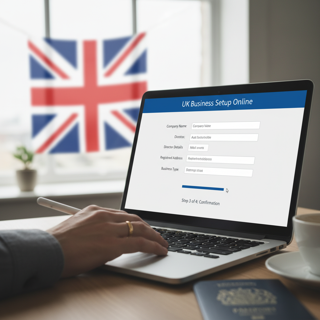A professional, close-up shot of a hand filling out a digital company registration form on a laptop, with a UK flag subtly visible in the background, illustrating the online process for expat entrepreneurs.