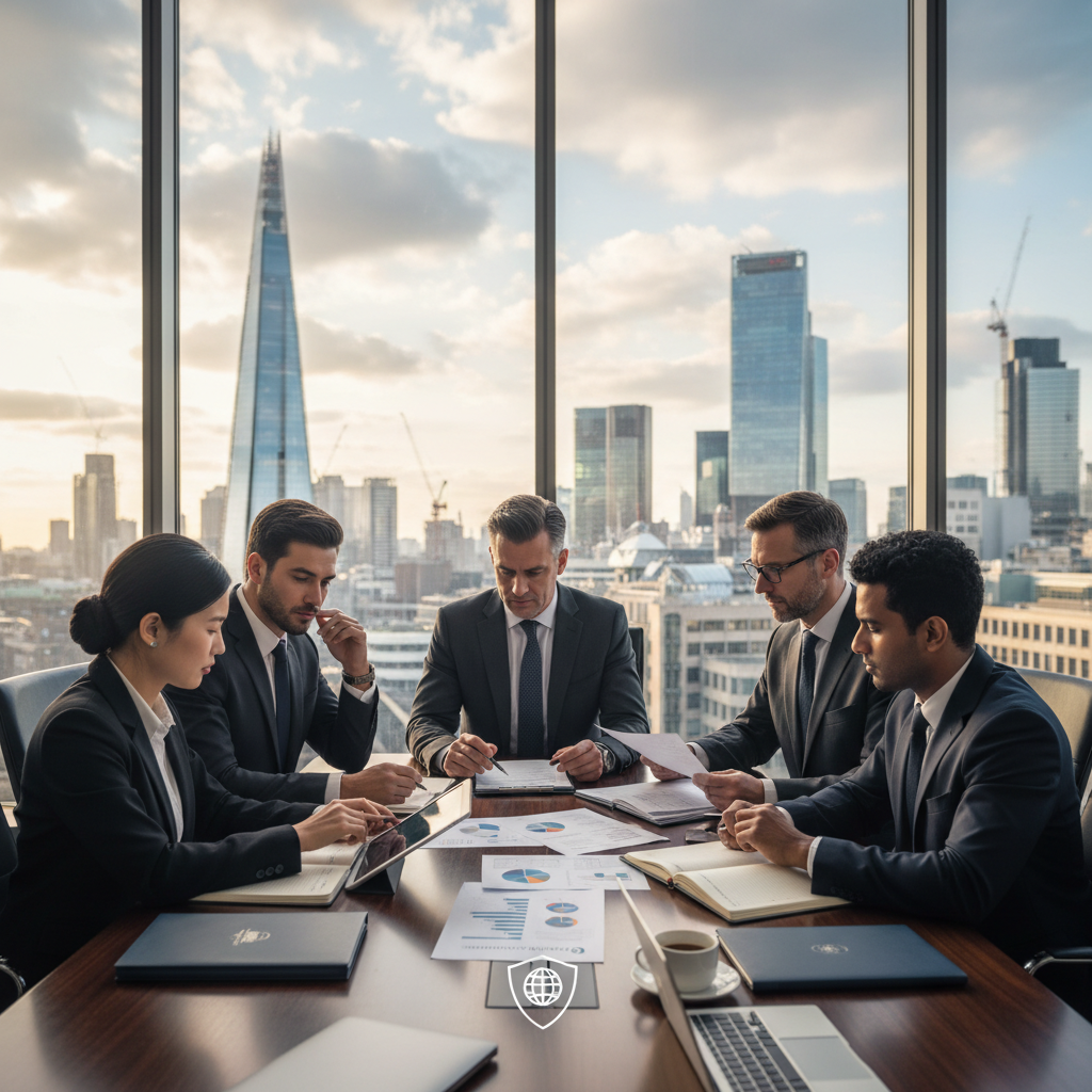 A diverse group of business professionals from different backgrounds, looking thoughtfully at financial documents on a table, with a modern London skyline visible in the background, conveying international business and compliance. The scene should feel professional and collaborative.