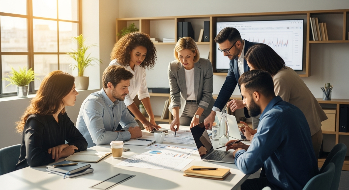 A diverse group of professional expat entrepreneurs in a modern, collaborative office space, gathered around a table with laptops and financial documents, discussing tax strategies with a qualified financial advisor, looking focused and engaged. The setting should be bright and contemporary, suggesting financial clarity and successful international business operations.