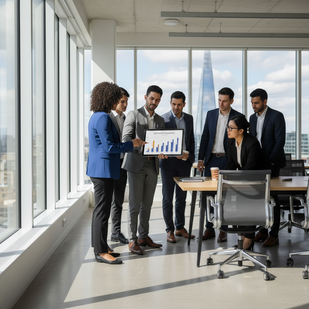 A diverse group of business professionals in a modern, light-filled office space in London, looking at a digital tablet and discussing a business strategy. One person points to a chart on the screen, while others listen intently. The atmosphere is professional and collaborative, with subtle hints of iconic London architecture visible through the window in the background.