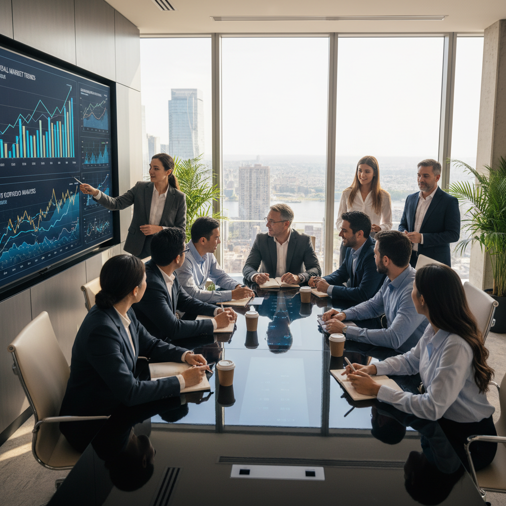 A diverse group of people from different ethnicities and ages, dressed in business casual attire, are gathered around a modern, sleek conference table, looking at financial charts and data on a large screen. The atmosphere is professional and collaborative, with some individuals discussing investment strategies. The setting is a bright, contemporary office with city views in the background.