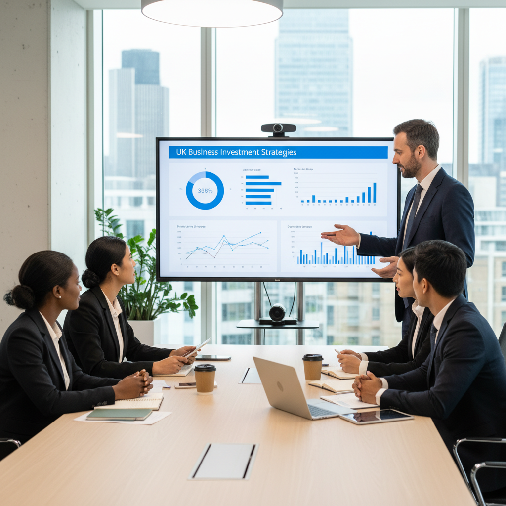 A diverse group of expat entrepreneurs from various backgrounds meeting with a financial advisor in a modern, brightly lit office, discussing investment strategies for their businesses in the UK. They are looking at charts and documents on a large screen.