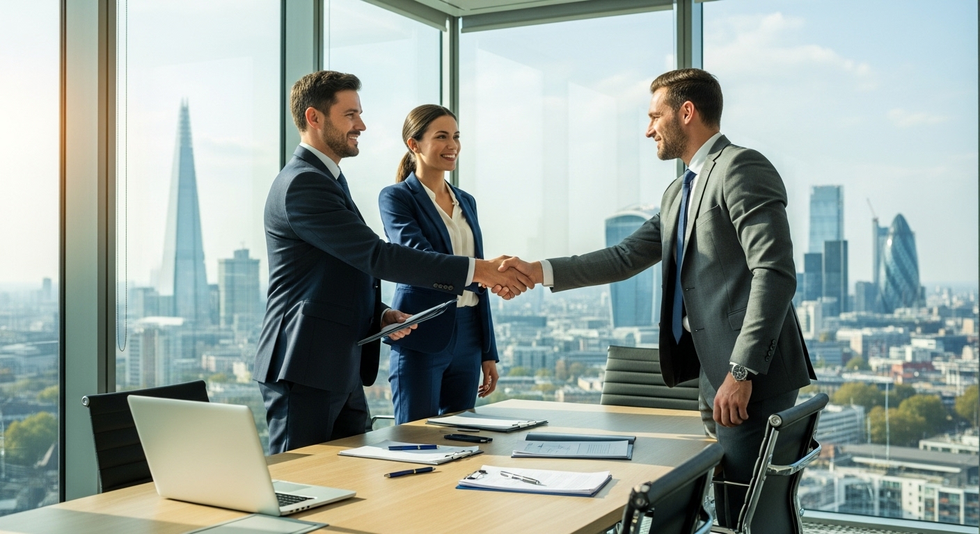 A professional-looking expat businessman and businesswoman shaking hands with a British business partner in a modern, sunlit office overlooking the London skyline. They are all smiling and dressed in business attire, with a laptop and documents on the table. The image should convey collaboration and success.