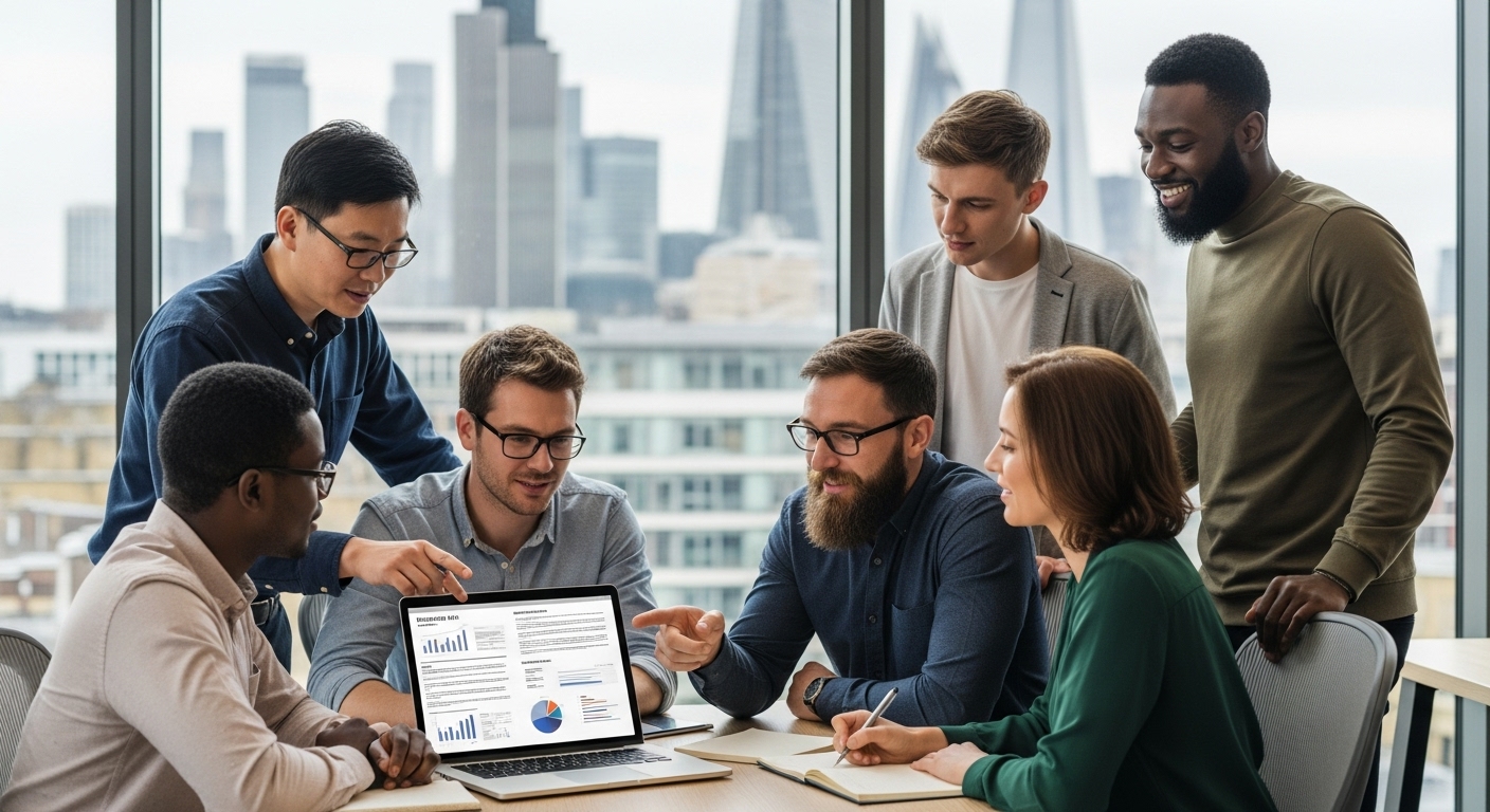 A diverse group of expat entrepreneurs in a modern, well-lit co-working space in London, looking at a laptop with a business plan. One person is pointing at a screen, another is taking notes, and a third is smiling. The background features blurred city buildings, suggesting growth and opportunity. The image should be photorealistic and professionally composed.