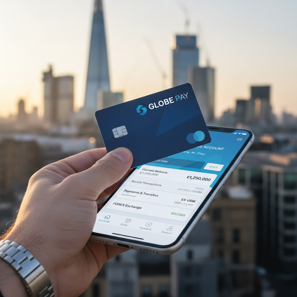 A close-up, photorealistic shot of a hand holding a credit card over a smartphone displaying a banking app interface with various financial options, set against a blurred background of a modern London skyline, symbolizing digital business banking for foreign owners in the UK. The scene is bright and professional.