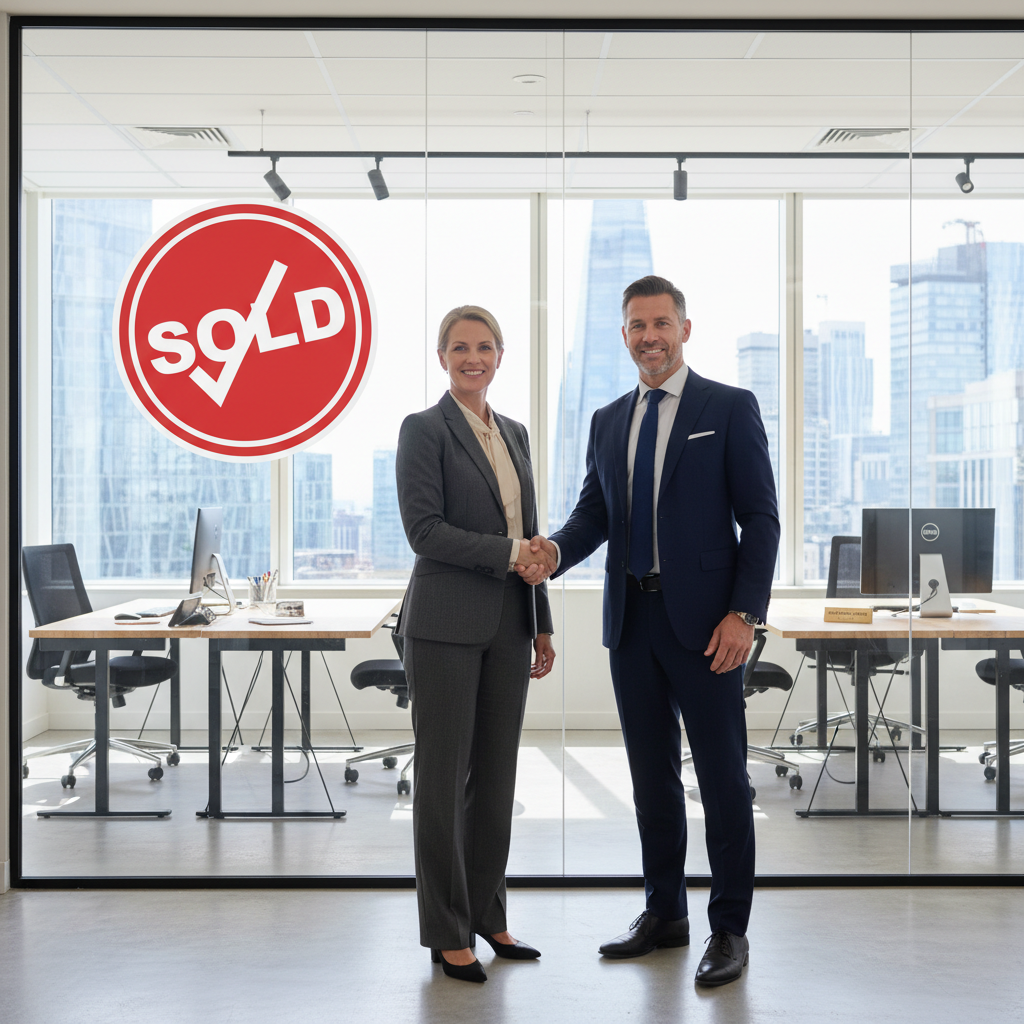 A professional UK expat, dressed smartly, shaking hands with a business seller in a modern office setting in London, with a visible 