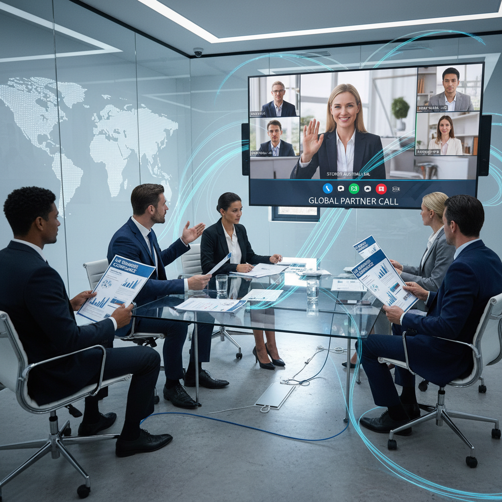 A professional, diverse group of business people, some holding UK business documents, engaged in a virtual meeting on a large screen, with one person in a different time zone interacting with the UK-based team. The setting is a modern, clean office, emphasizing global connectivity and compliance.
